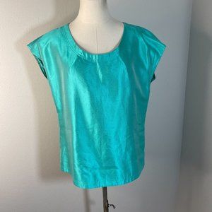 St. John Turquoise Satin Cap Sleeve Blouse
